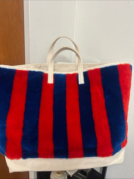 Steele Canvas Handbags - Steele Canvas Striped 💯 dyed lamb fur Extra Large Tote Bag in Red and Navy